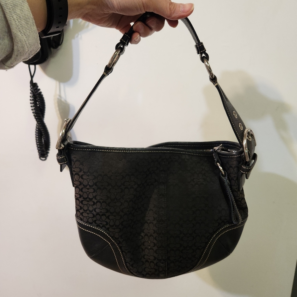 Vintage Coach Black Signature Canvas Shoulder Hobo with Leather Trim